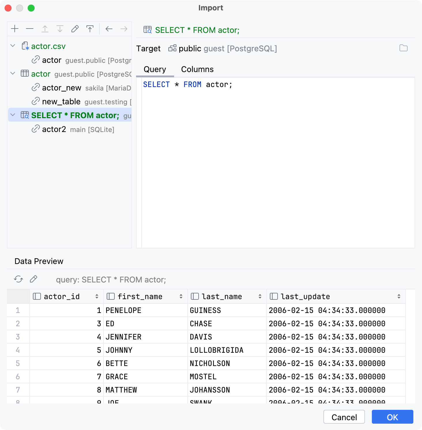 Import dialog: Query Source settings Import dialog: Query Source settings