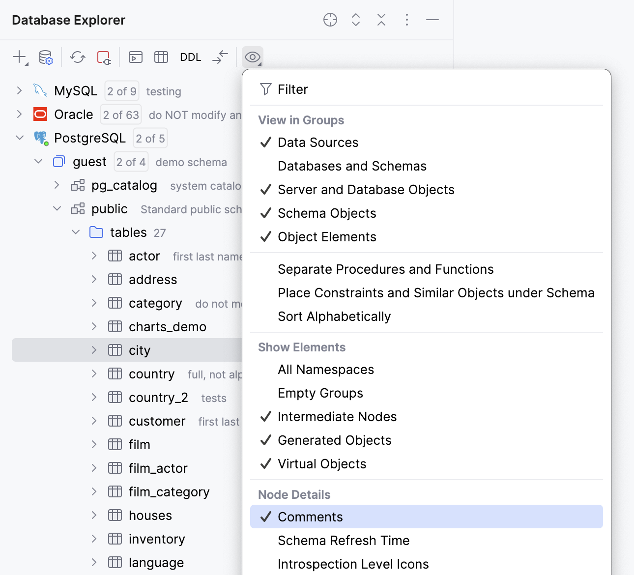 Show comments for databases and tables
