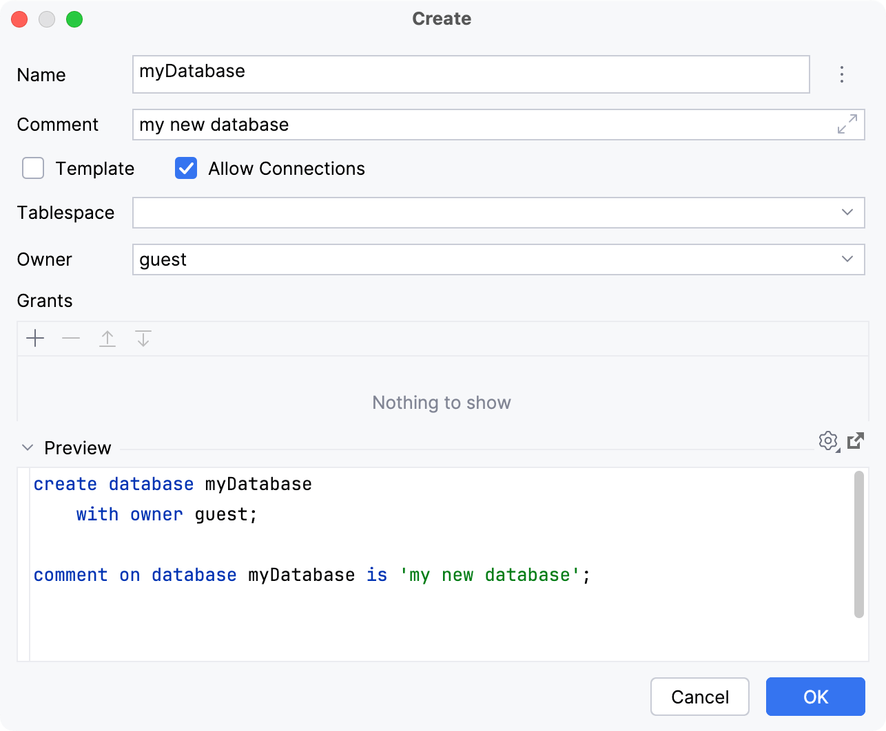 the Create database dialog the Create database dialog