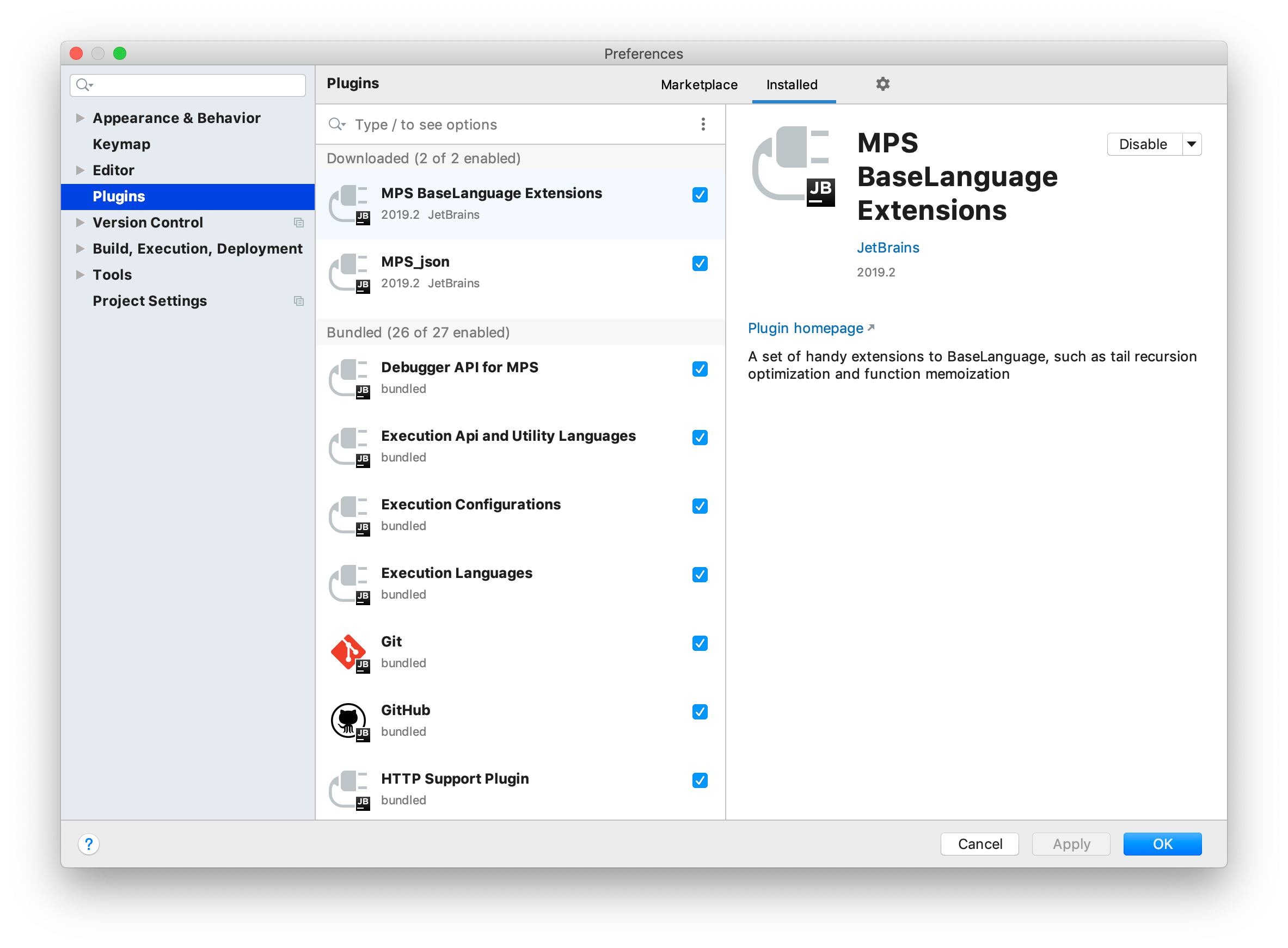 The Plugins settings dialog The Plugins settings dialog