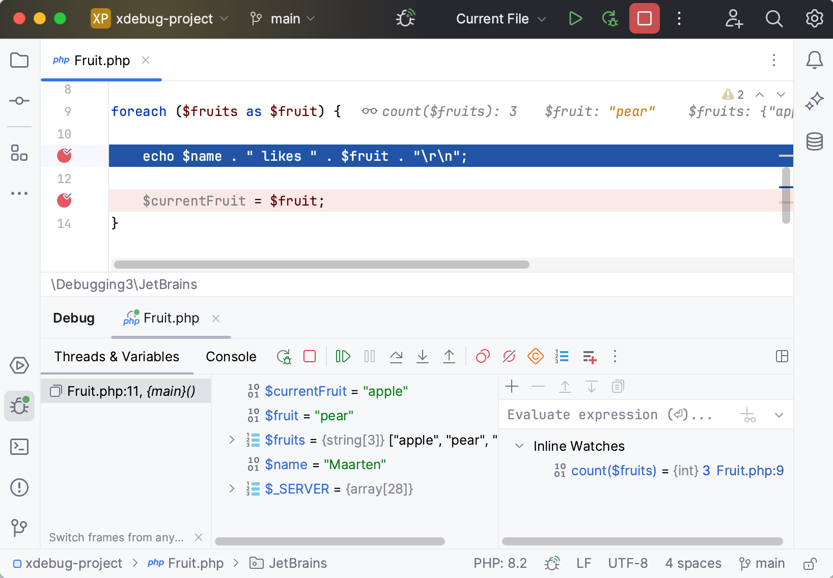 Debugging overview screen Debugging overview screen