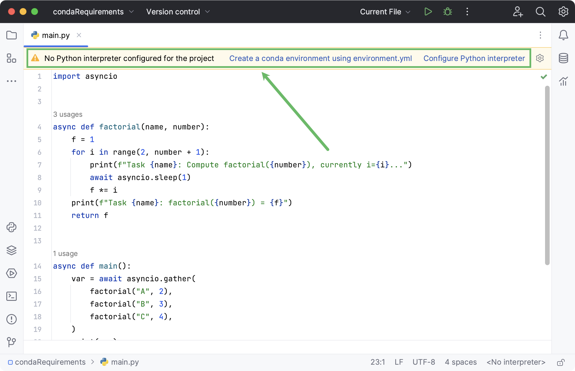 Warning with options for configuring a project interpreter Warning with options for configuring a project interpreter