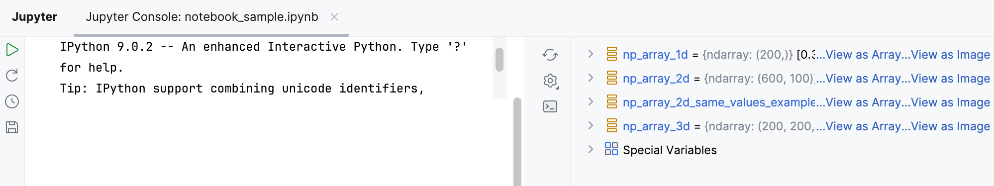 Jupyter console: the Variables tab Jupyter console: the Variables tab