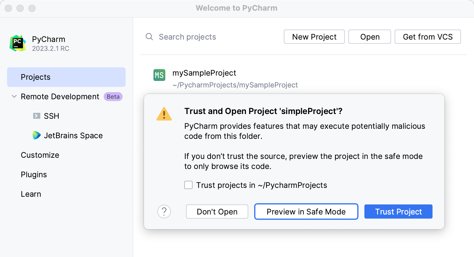Untrusted project warning Untrusted project warning