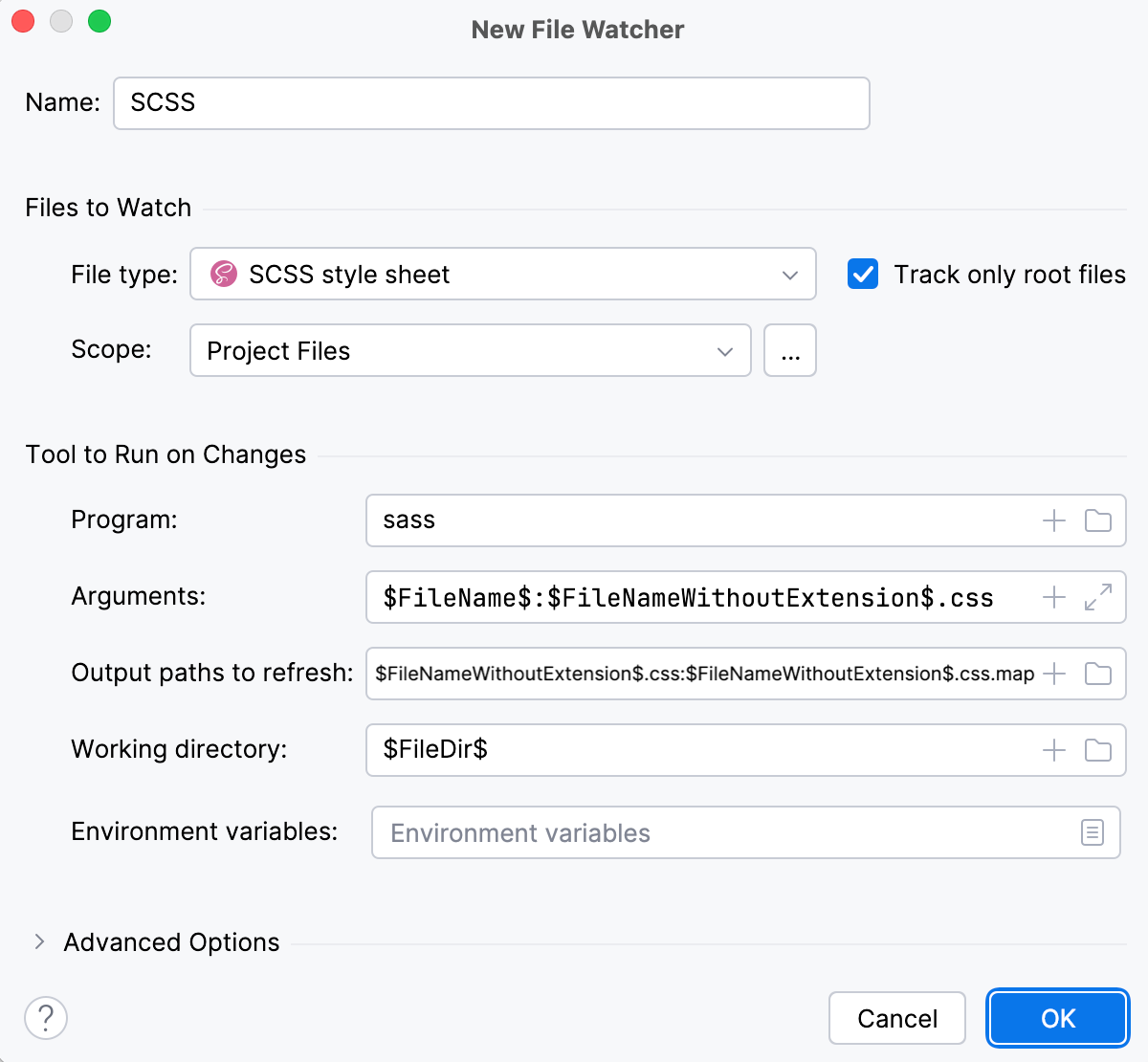 SCSS File Watcher: settings